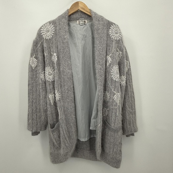 Sweaters - Vintage Casa Bella Sweater Womens Large Gray Angora Blend Embroidered Beaded 90s